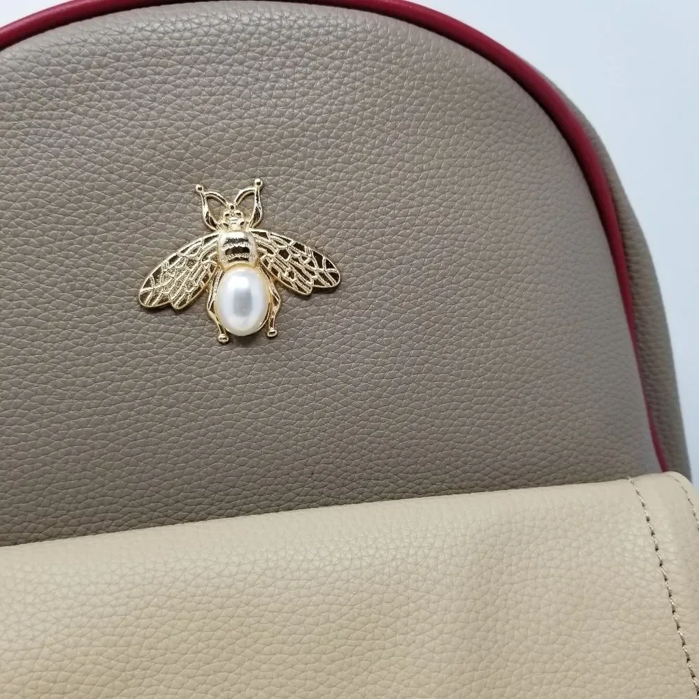 Queen Bee Taupe Red and Cream Large Pebbled Backpack Purse